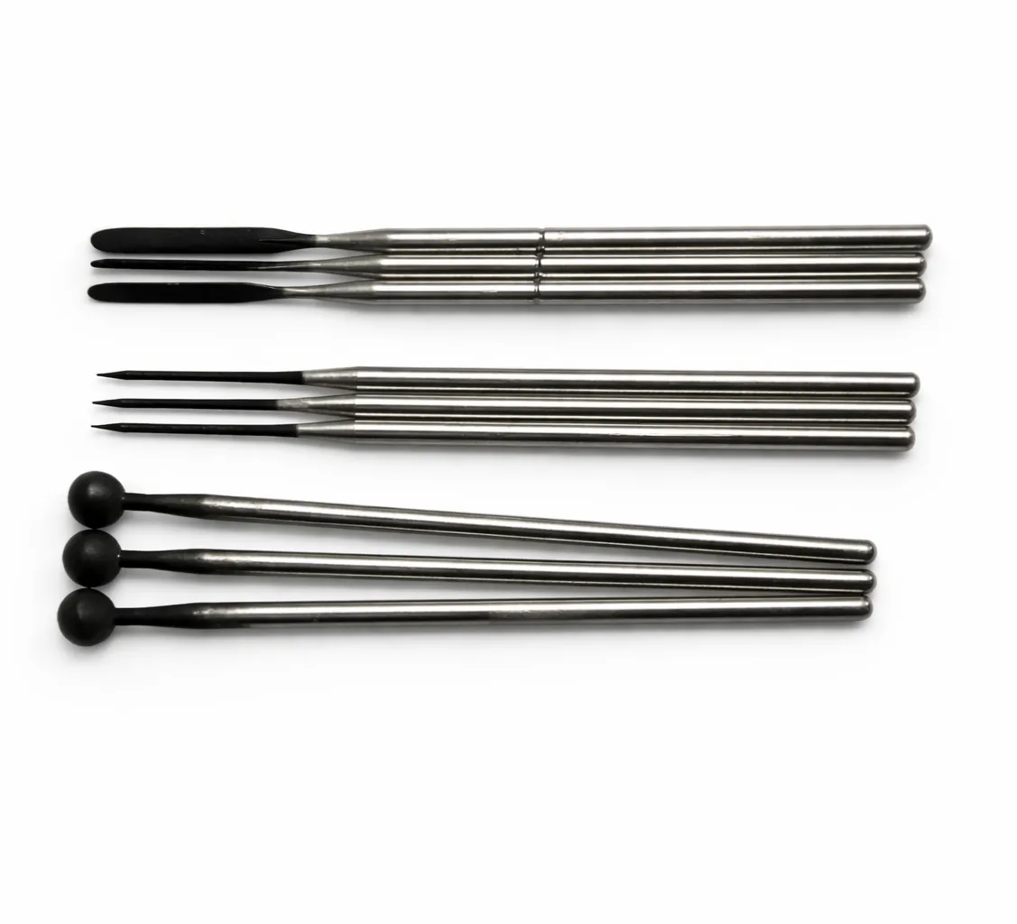 Stainless steel monopolar electrosurgical electrodes in blade, ball and needle geometries